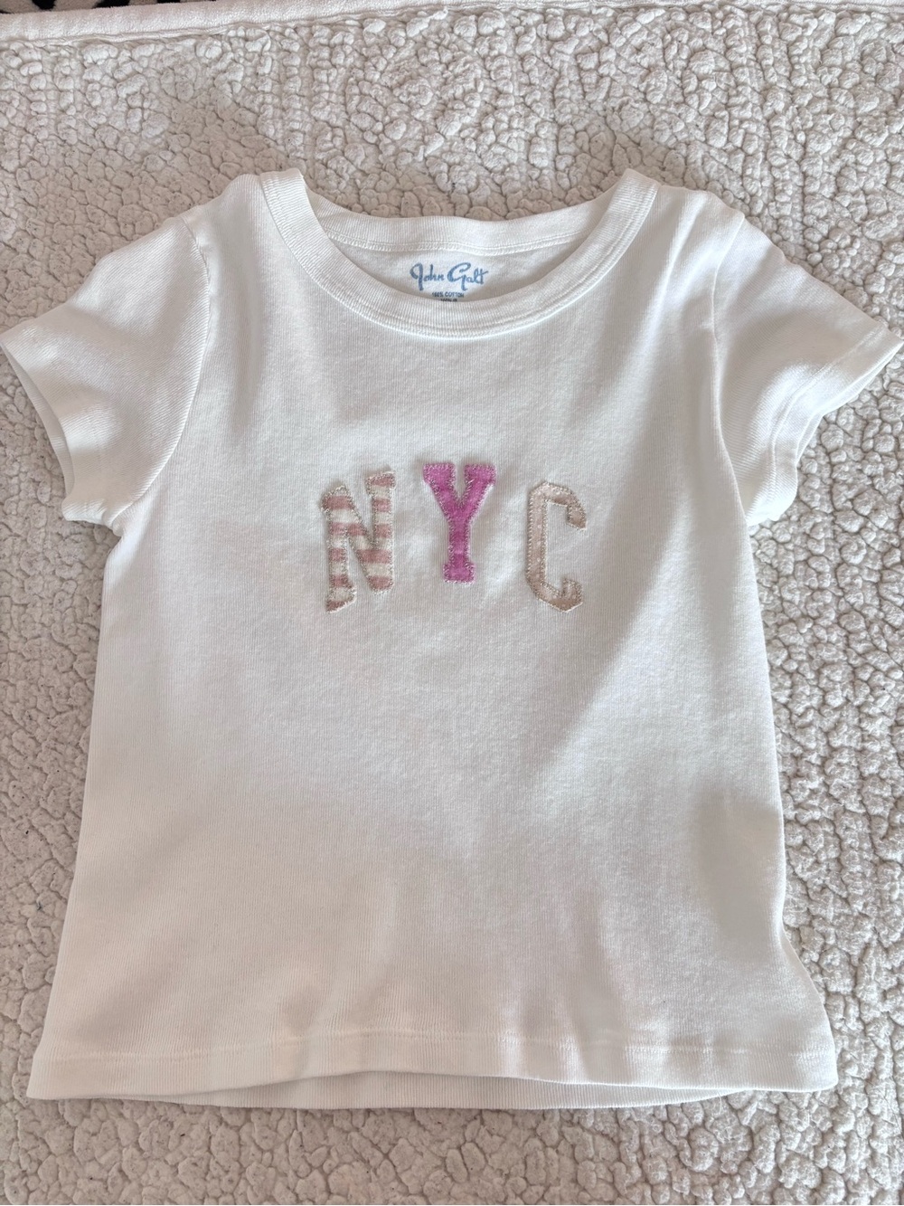 Brandy Melville White Short Sleeve Tee with Pink & Beige 'NYC' Applique
